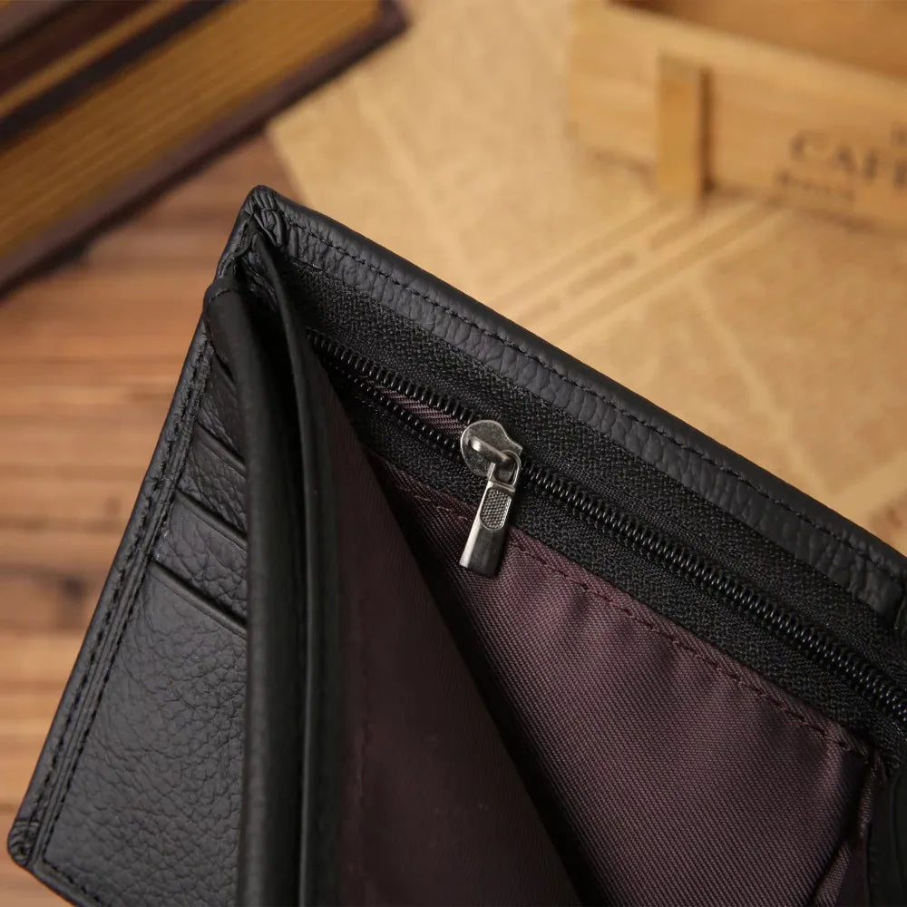 Genuine Leather Men’s Wallet – Premium Real Cowhide Short Black Wallet, Stylish Portefeuille Homme Purse