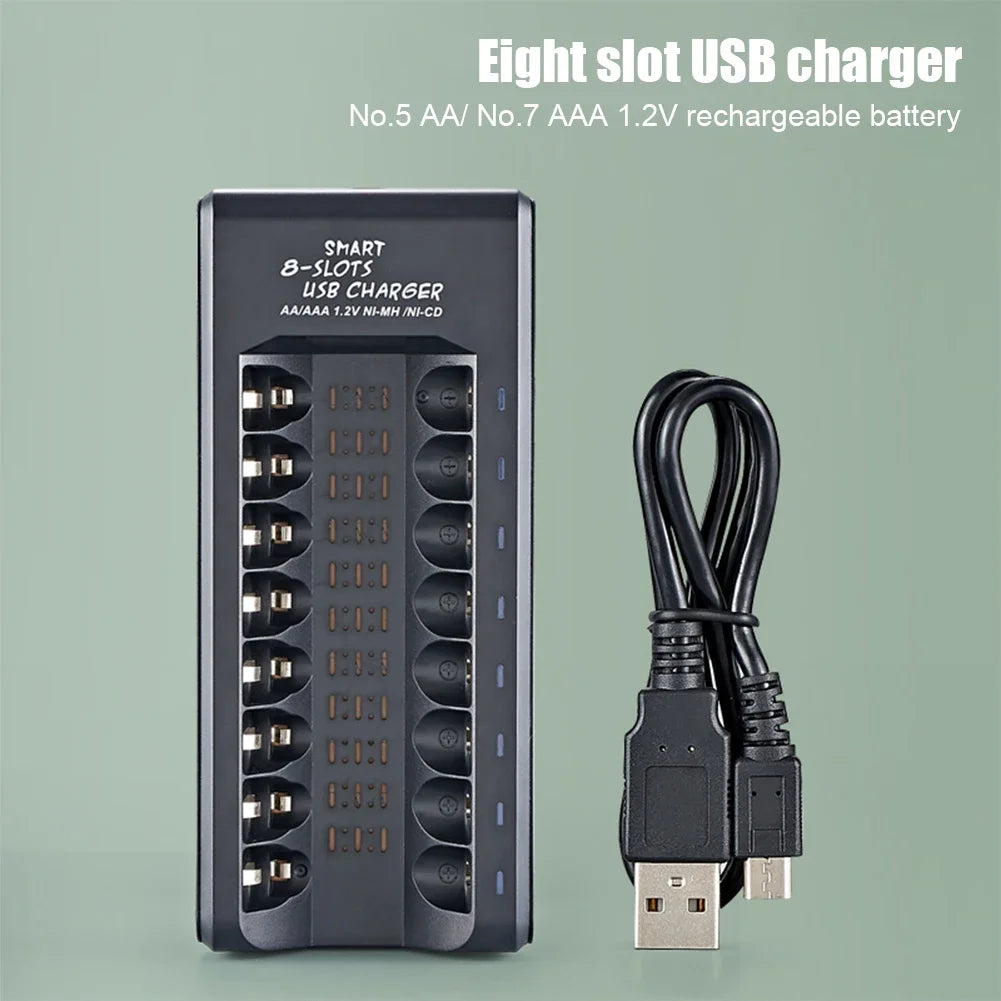 8-Slot Fast USB Rechargeable Battery Charger – AA/AAA NiMH 1.2V with Short Circuit Protection & USB Output