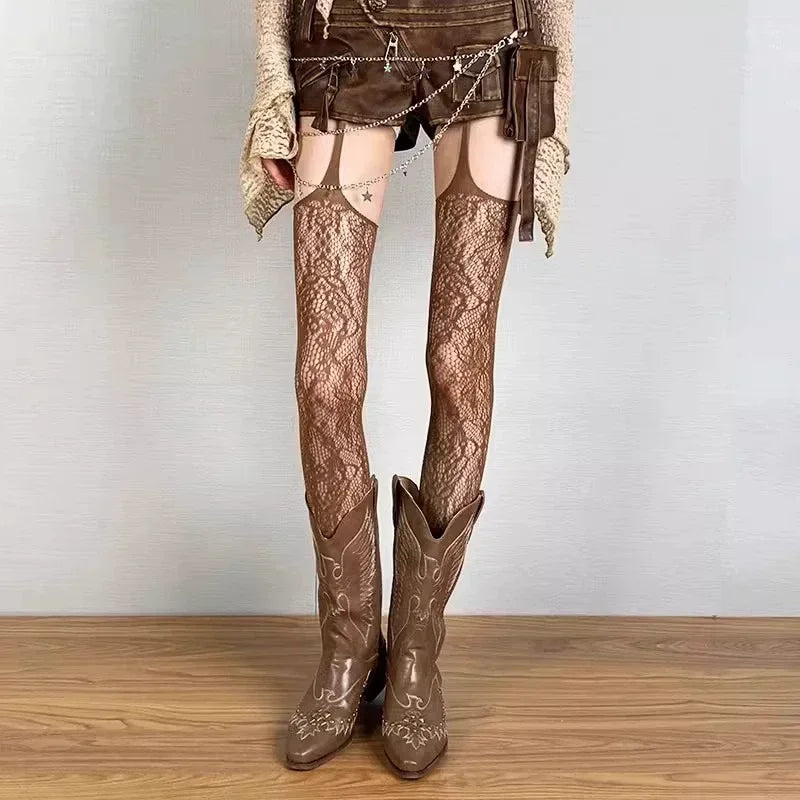 Lolita Floral Thigh High Tights - Colorful Sheer Fishnet Suspender Stockings for Girls & Women