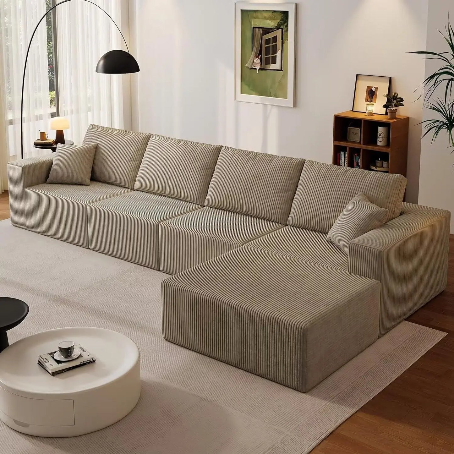139" Cloud Sectional Sofa – Deep Seat Modular L-Shape Corduroy Couch, Frameless 4-Seater Living Room Sofa with Left Chaise (Black)