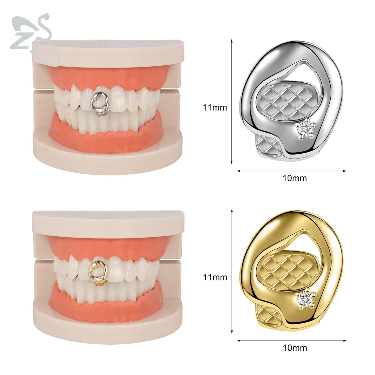 ZS Hip Hop Grillz – Silver/Gold Plated CZ Crystal Cross & Rose Star Tooth Cap, Top & Bottom Set