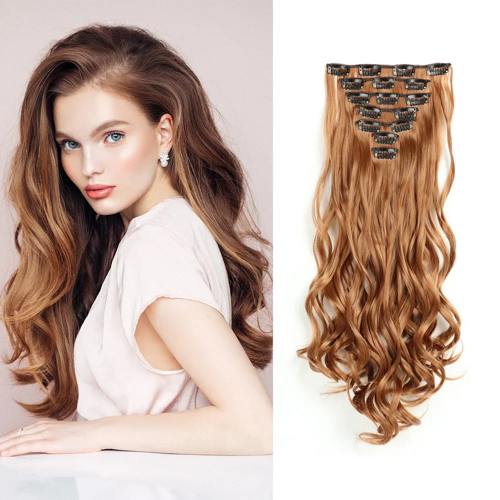 Clip-In Hair Extensions, 7-Piece Full Head 22-Inch Long Curly Wavy Synthetic Hair Extensions for Women and Girls