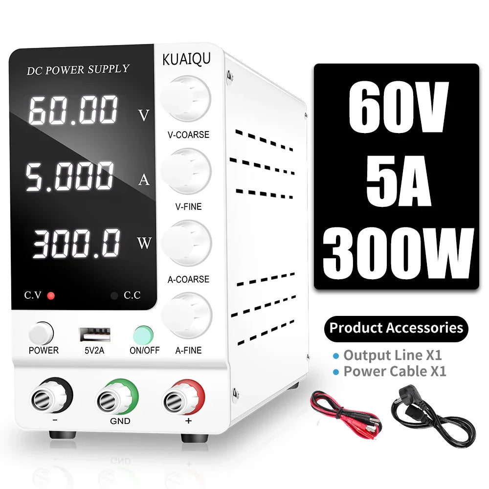 KUAIQU Adjustable DC Power Supply – Lab Bench 30V 10A, 60V 5A, 120V 3A with Preset Current & USB Interface