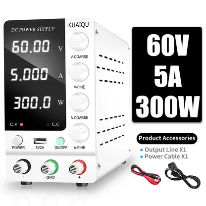 KUAIQU Adjustable DC Power Supply – Lab Bench 30V 10A, 60V 5A, 120V 3A with Preset Current & USB Interface