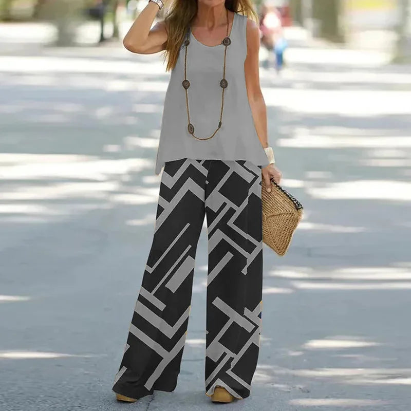 Women Printed 2-Piece Summer Suit Set – Sleeveless Round Neck Top & Wide Leg Pants Casual Loose Fit Outfit