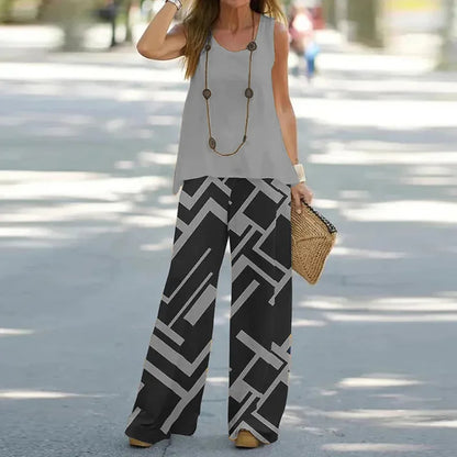 Women Printed 2-Piece Summer Suit Set – Sleeveless Round Neck Top & Wide Leg Pants Casual Loose Fit Outfit