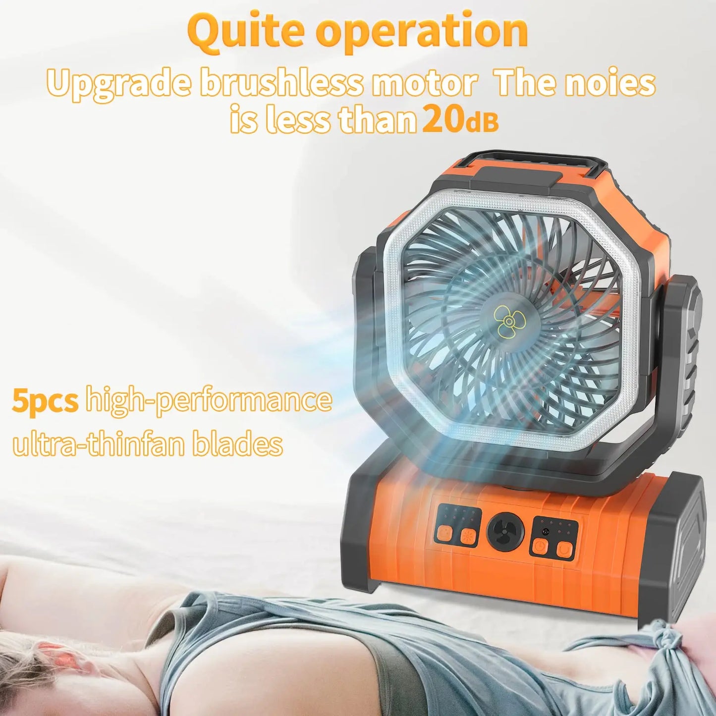 20000mAh / 10000mAh USB Rechargeable Camping Fan — Portable Wireless Air Circulator with 270° Rotating Head & Hook