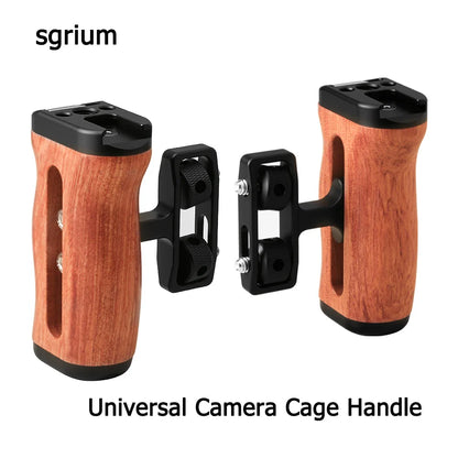 sgrium Universal Camera Cage Wooden Side Handle – Left/Right Ergonomic Grip with 1/4" Mount Threads & Cold Shoe for Sony Camera Cage Video Shooting Rig Accessories