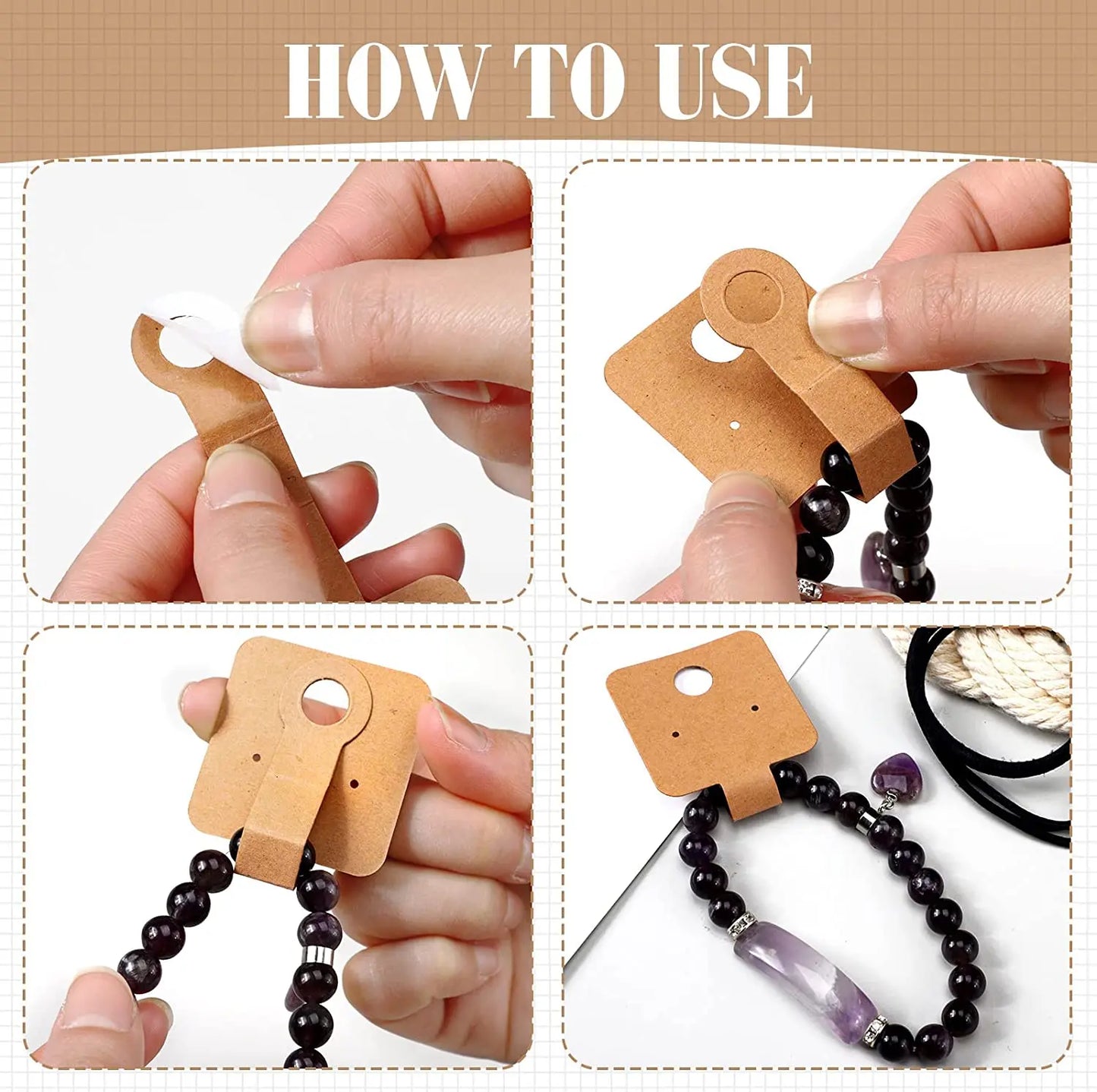 50PCS Self-Adhesive Kraft Paper Cards — 4x10cm Bracelet & Necklace Jewelry Holders for Small Business Retail Display Packaging