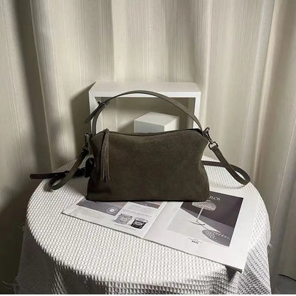 Simple Autumn Winter Grey & Brown Boston Tote — Soft Matte Suede Cow Leather Women's Shoulder Handbag