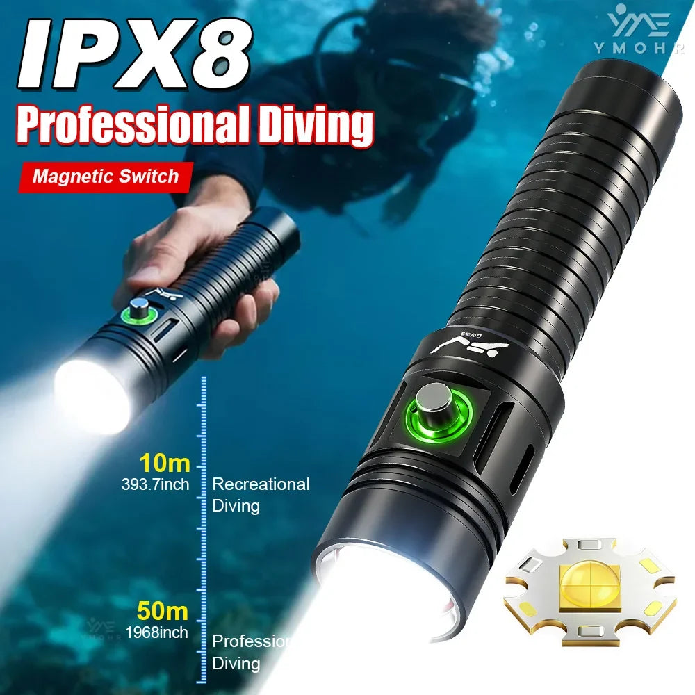2026 Dive Flashlight - IPX8 Waterproof Rechargeable 18650 LED Scuba Diving Torch with 50M Range