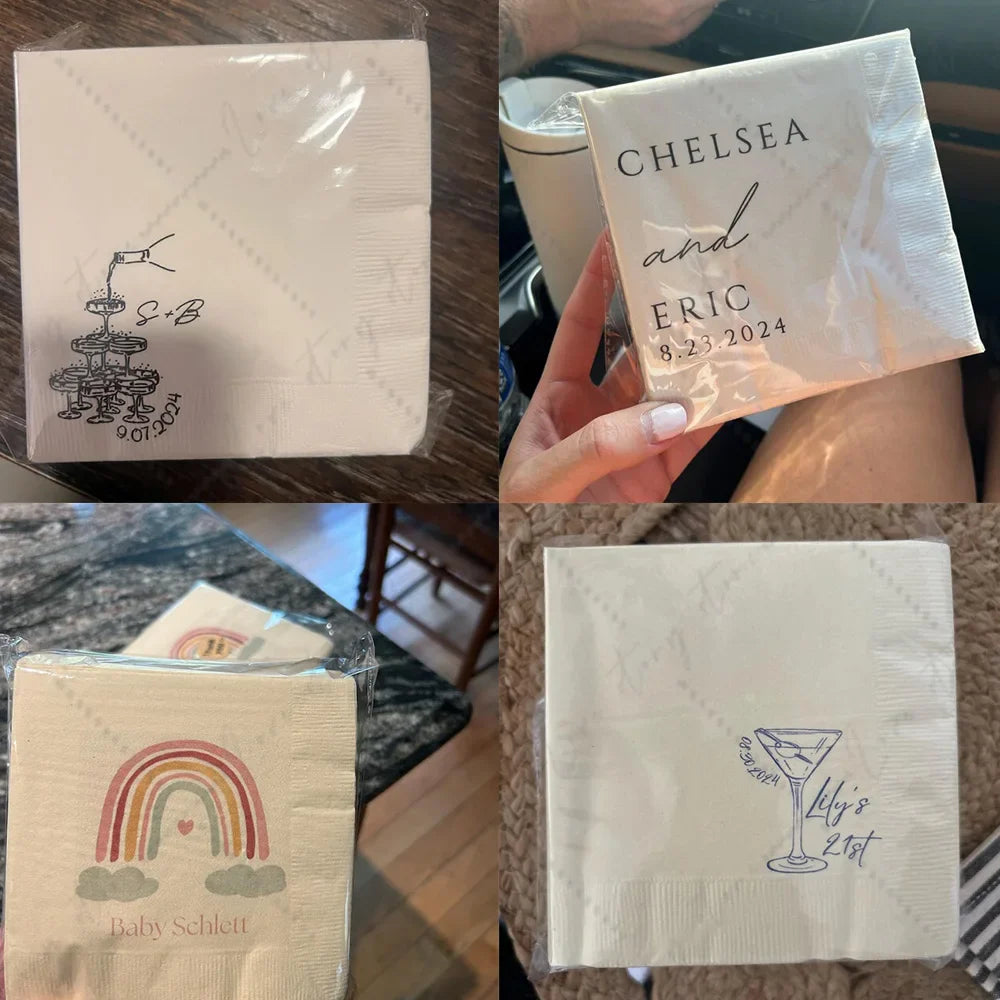 50pcs Personalized Wedding Cocktail Napkins – Custom Initials & Pet Portrait Dinner Party Decor