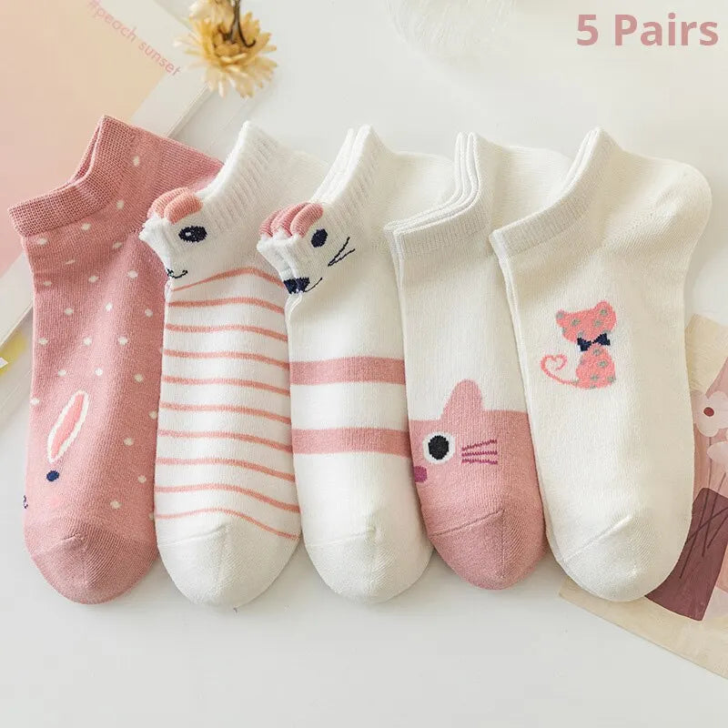 Women's Pink Cat Short Tube Socks - Cute Low Top Casual Socks, 5/10/20 Pairs