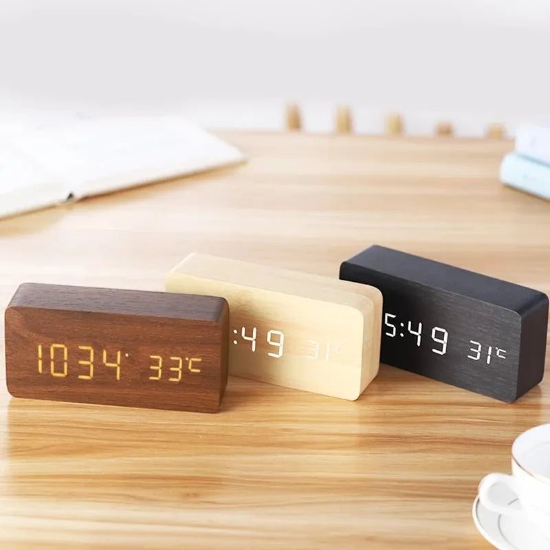 Wooden LED Digital Alarm Clock: Stylish Desk & Bedside Clock with Temperature Display