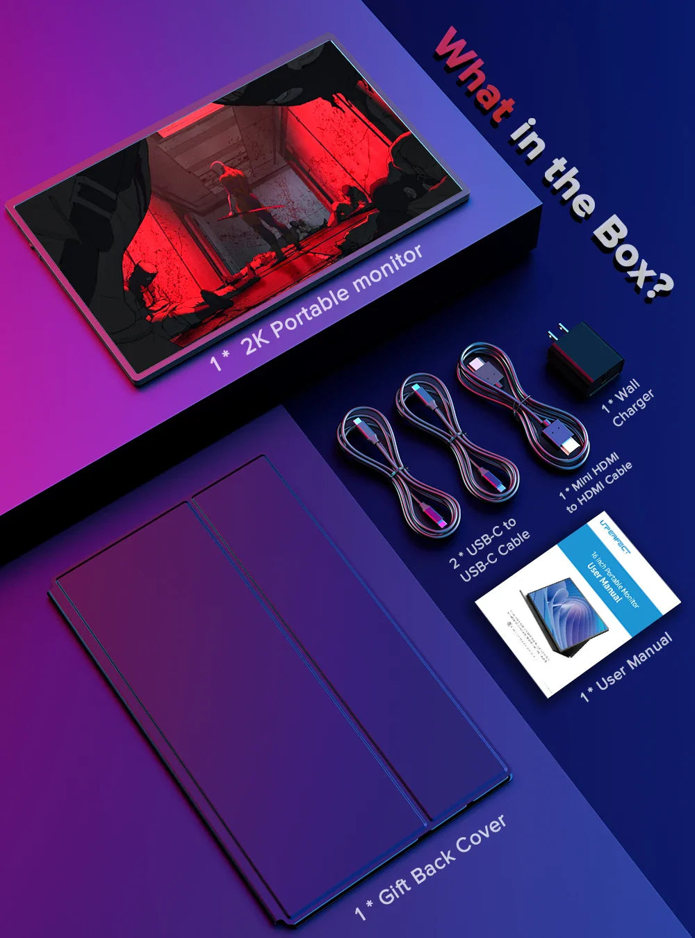 UPERFECT 16-Inch 2K Portable Monitor — 2560x1600, 16:10, 120Hz Gaming Display with 100% sRGB & 500Cd/m² for Xbox, PS5, Switch, Laptop & Mac