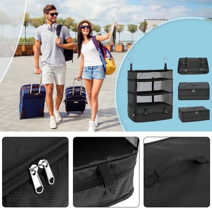 Portable Travel Luggage Organizer – 3-Shelf Collapsible Hanging Closet & Packing Cube Storage Bag