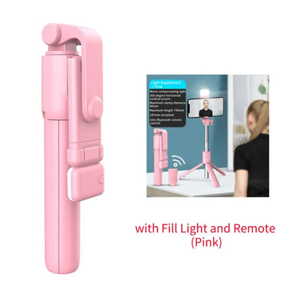 Portable Bluetooth Selfie Stick Tripod with Remote Shutter & Fill Light – Extendable Wireless Phone Stand
