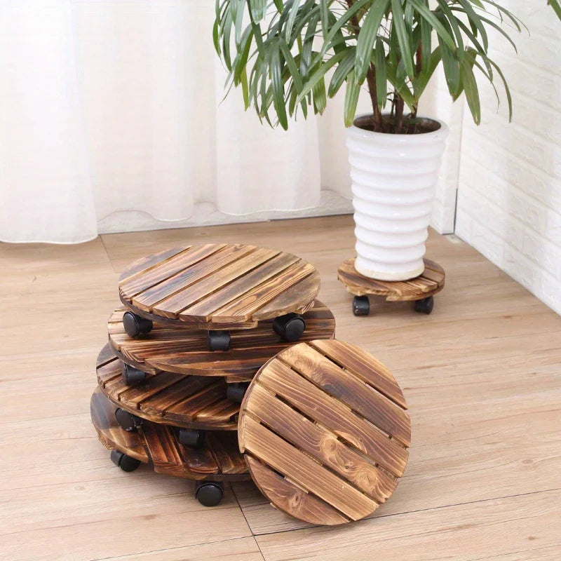 Wooden Plant Caddy Stand - Heavy Duty Rolling Plant Dolly with Lockable Wheels for Indoor & Outdoor Pots