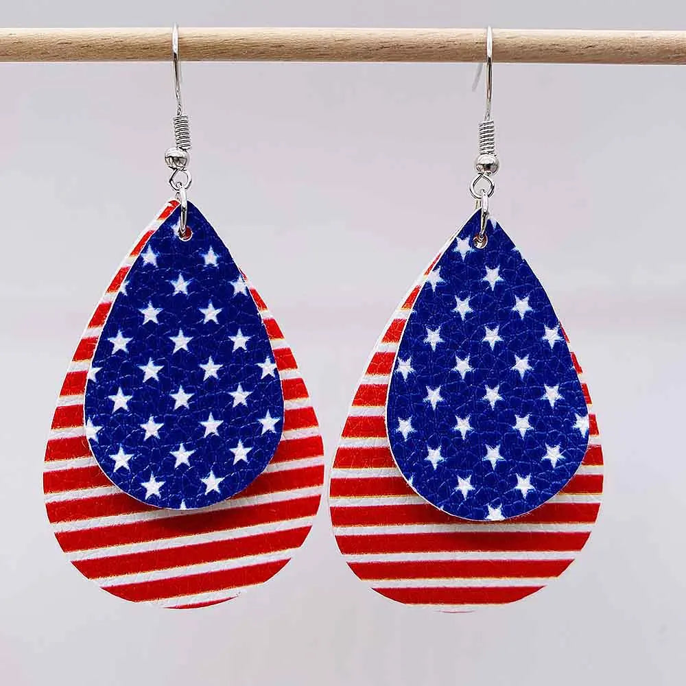 American Flag Drop Dangle Earrings - Patriotic 4th of July Teardrop Tassel Rhinestone Jewelry for Women