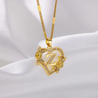 Gold Zircon Heart Initial Necklace – Stainless Steel Letter Pendant Jewelry for Women
