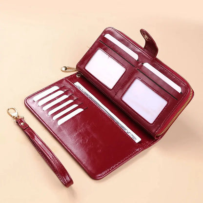 Women’s Vintage PU Leather Clutch Wallet — Large Capacity Phone Purse with Wristband, Simple Card Holder Pouch Bag