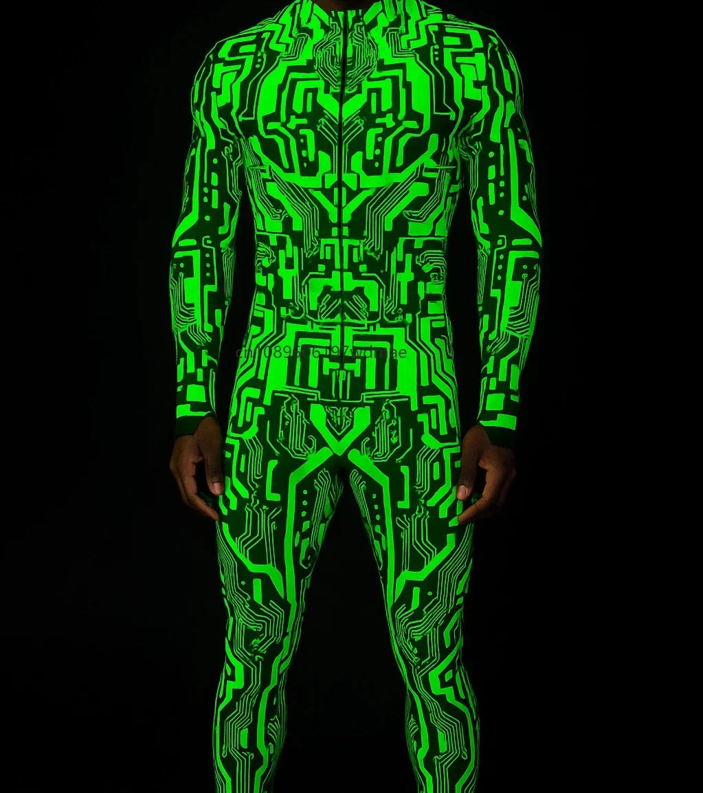 Men's Cyberpunk Muscle Bodysuit - Sci-Fi Printed Cosplay Zentai Costume for Carnival, Stage & Performance Events