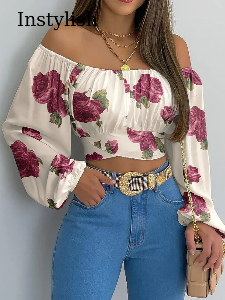 Elegance Redefined: Women's Sexy Off-Shoulder Printing Blouses - Chic Lantern Long Sleeve Lace-Up Bow Cropped Tops, Casual Slim Shirts