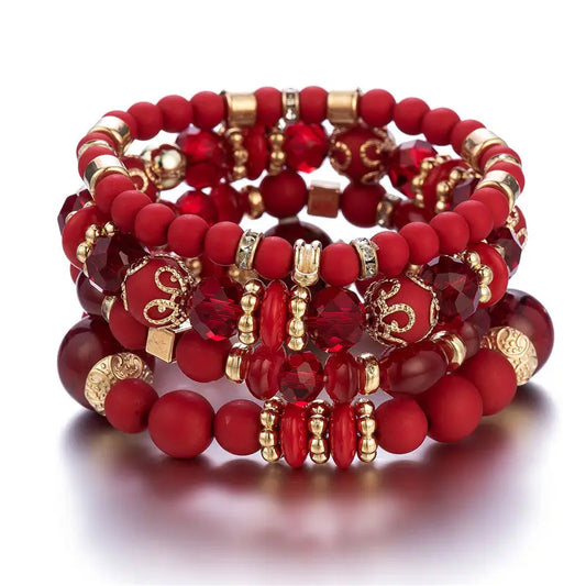 Bohemian Acrylic Beaded Bracelet Set – Solid Heart Charm Elastic Bangles for Women & Men, Retro Daily Wear Jewelry Gift