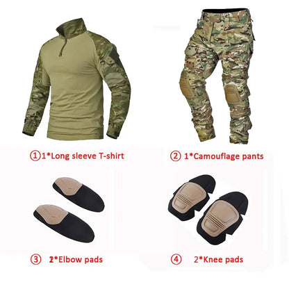 Men’s Camo Tactical Uniform Set | Ripstop Airsoft Suit with Multi-Pocket Pants & Training Shirt for Hunting or Paintball
