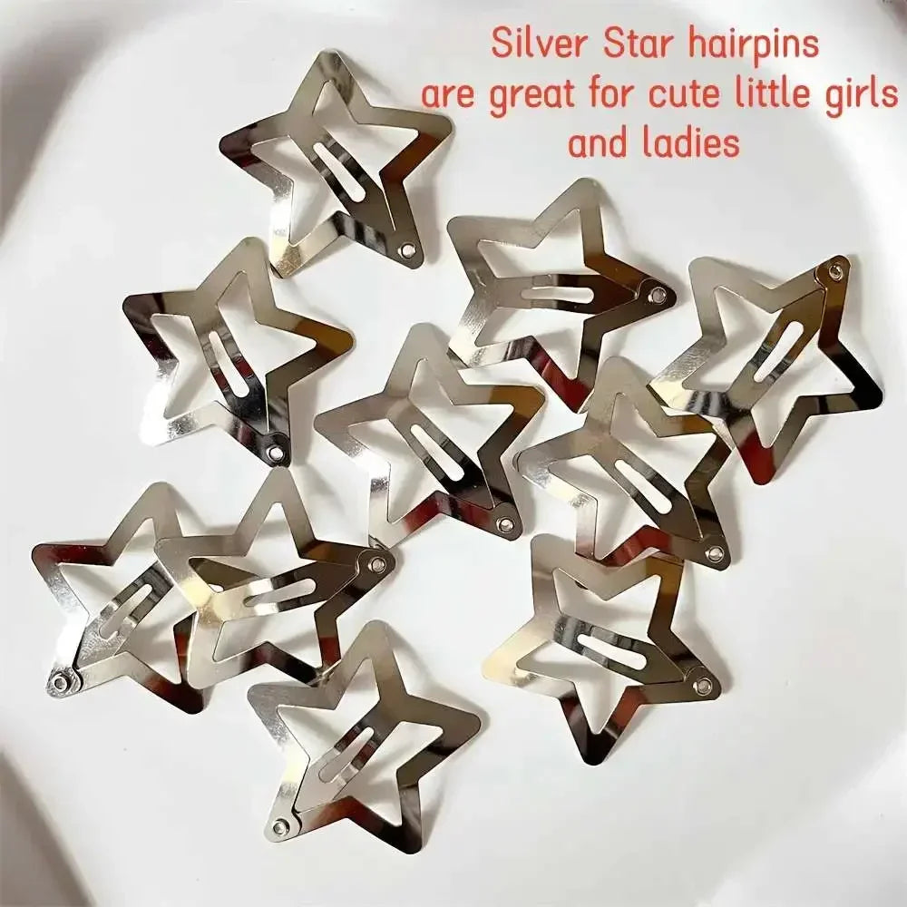 2/50PCS Y2K Silver Star Hair Clips – Filigree Metal Snap Hairpins for Girls, Nickel-Free Hair Jewelry Barrettes