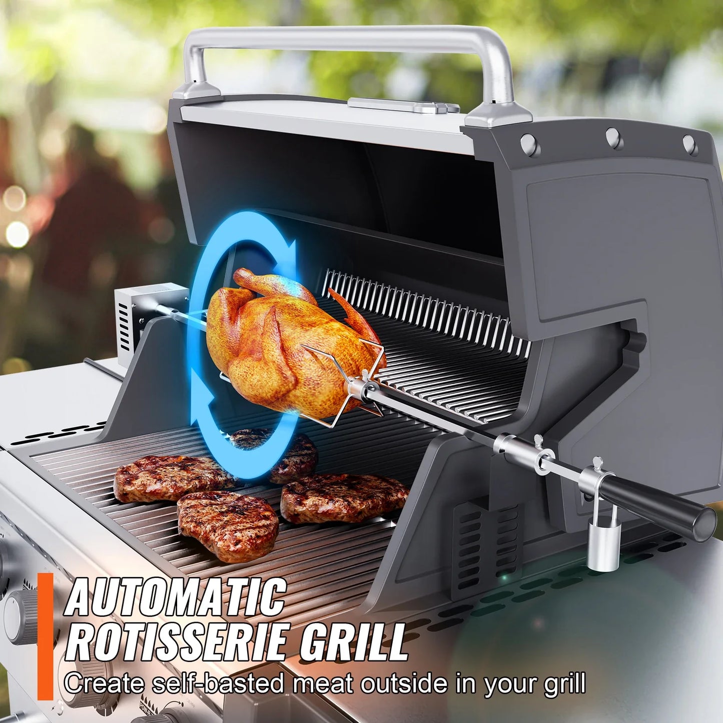SucceBuy Universal Grill Rotisserie Kit — Stainless Steel Electric BBQ Grill with 9W Motor, Automatic Grilling Set