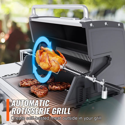 SucceBuy Universal Grill Rotisserie Kit — Stainless Steel Electric BBQ Grill with 9W Motor, Automatic Grilling Set