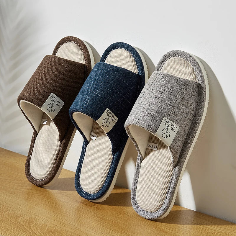 Home Linen Slippers for Men & Women – Breathable Open-Toe Comfort House Shoes for Spring, Autumn & Summer Bedroom Indoor Wear