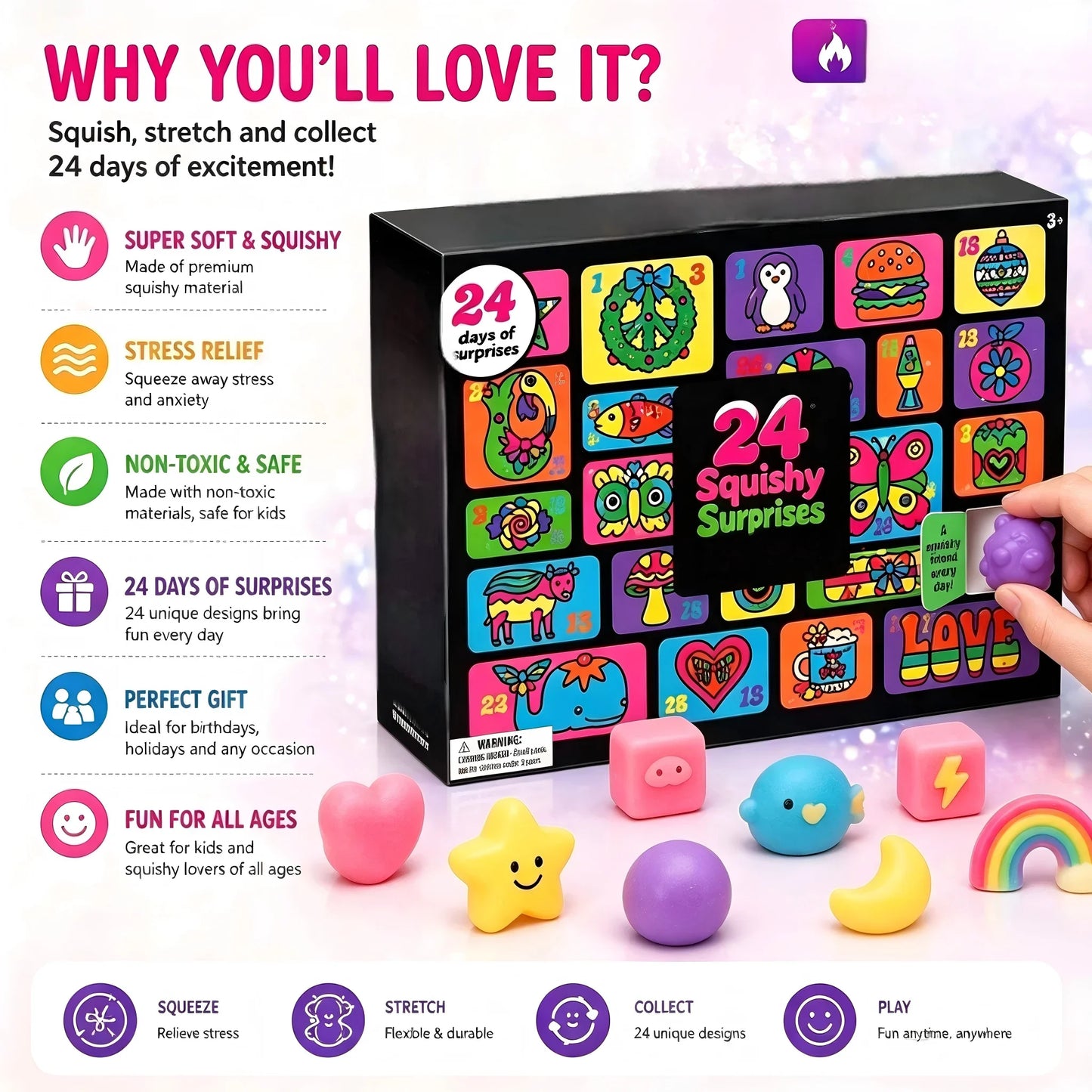24PCS Squishy Fidget Advent Calendar - Cute Slow-Rebound Anxiety Relief Mystery Gift Box