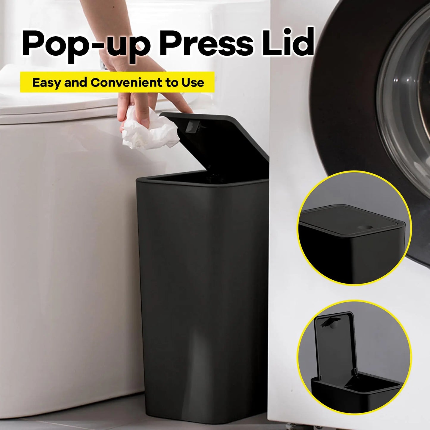 10L Bathroom Trash Can with Press Top Lid – Small Plastic Garbage Bin for Toilet, Bedroom & Living Room