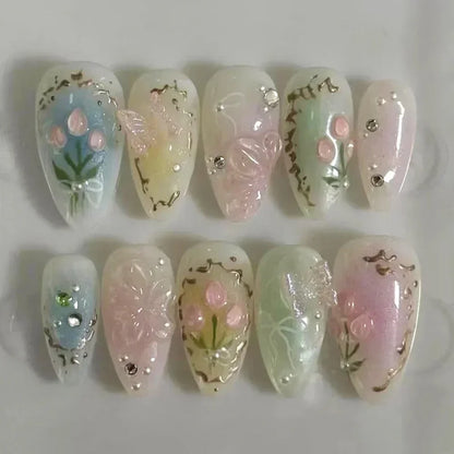 24PCS Pink Almond Press On Nails - Butterfly Ballet French Design Artificial Nail Tips for Stylish Nail Art