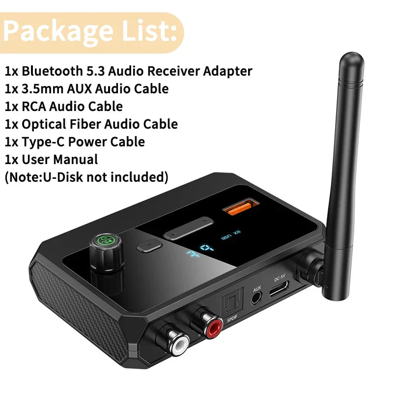 Bluetooth 5.3 Audio Receiver with USB U-Disk Play | RCA, 3.5mm AUX, Optical Fiber Wireless Adapter for Car Speakers