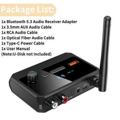 Bluetooth 5.3 Audio Receiver with USB U-Disk Play | RCA, 3.5mm AUX, Optical Fiber Wireless Adapter for Car Speakers