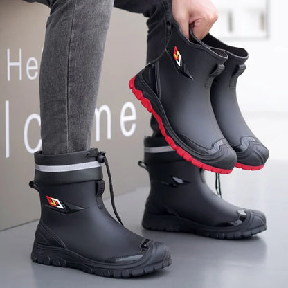 Men’s Ankle-High Fleece-Lined Rain Boots – Waterproof, Anti-Slip, Wear-Resistant Work & Fishing Shoes