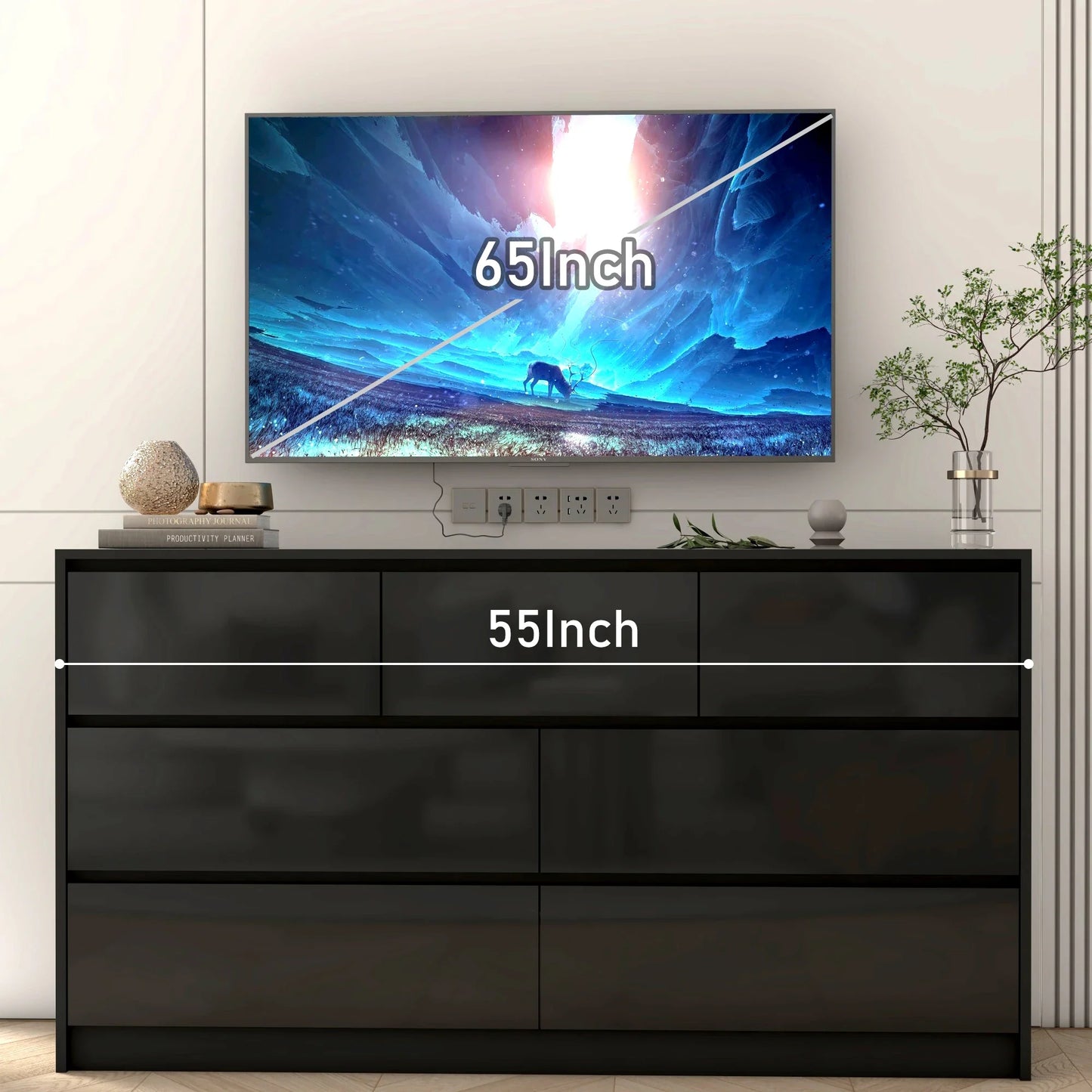 55-Inch Modern 7-Drawer Dresser – High Gloss White/Black Wooden Chest for Bedroom Storage