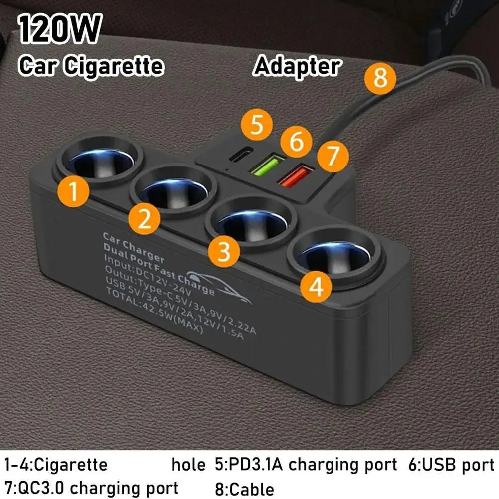 12V/24V Car Cigarette Lighter Adapter – 4 Socket USB Charger with QC3.0 & PD3.1A, 120W Car Accessories Port