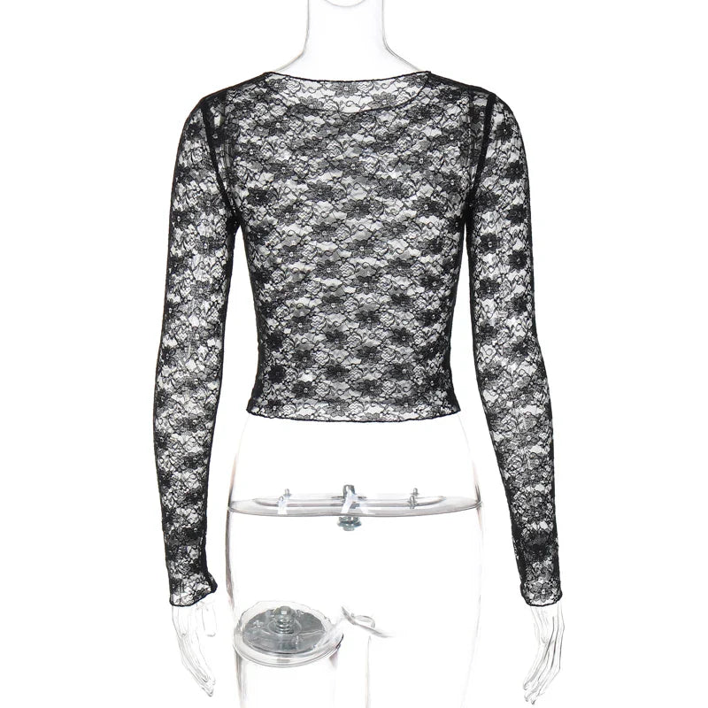 Dulzura Long Sleeve See-Through Lace Crop Top – Sexy Solid Bodycon T-Shirt for Women – Perfect for Party & Club – Autumn/Winter Fashion