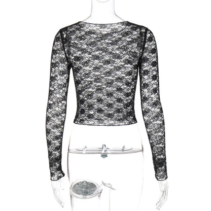 Dulzura Long Sleeve See-Through Lace Crop Top – Sexy Solid Bodycon T-Shirt for Women – Perfect for Party & Club – Autumn/Winter Fashion