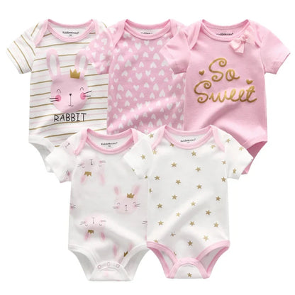 5PCS Newborn Baby Bodysuit Set - Soft Cotton Unisex Baby Clothes with Cartoon Print for Boys & Girls