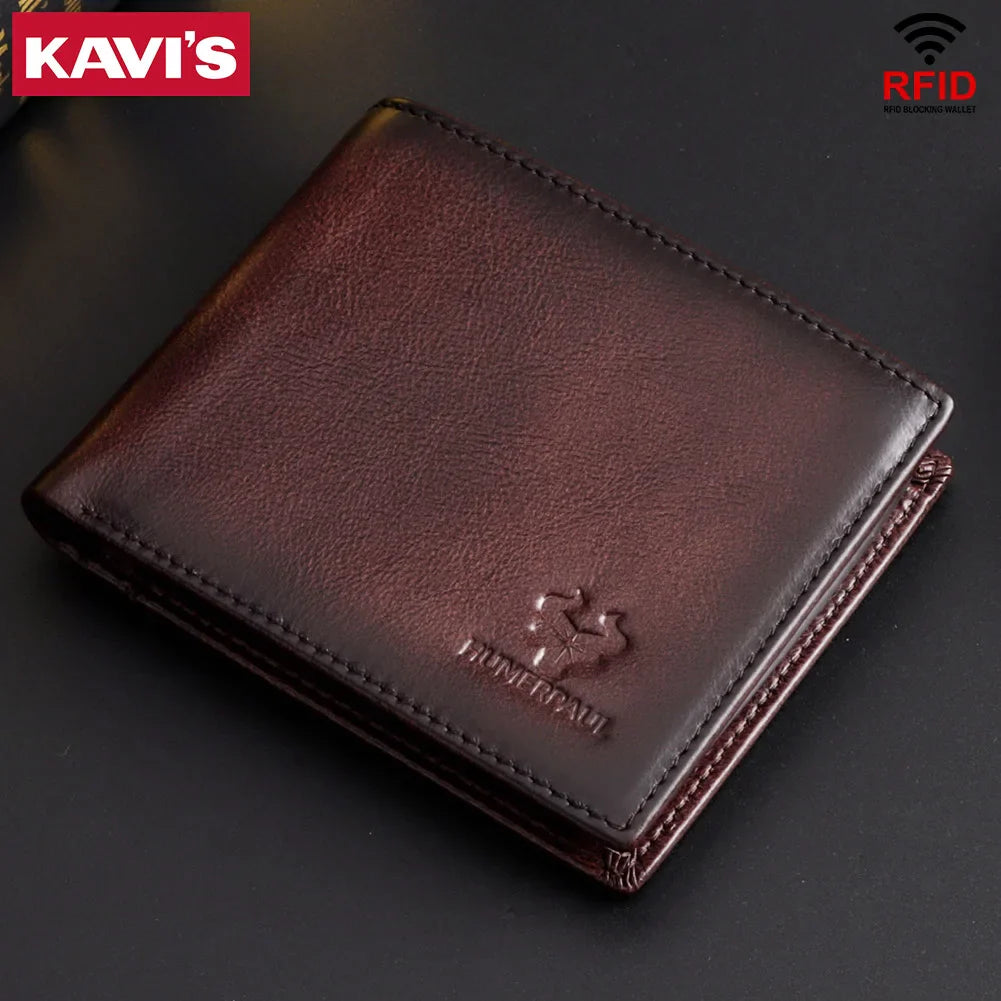 KAVIS Handmade Genuine Leather Men's Wallet RFID Blocking Card Holder with ID Window – Large Capacity Fashion Money & Card Storage Wallet