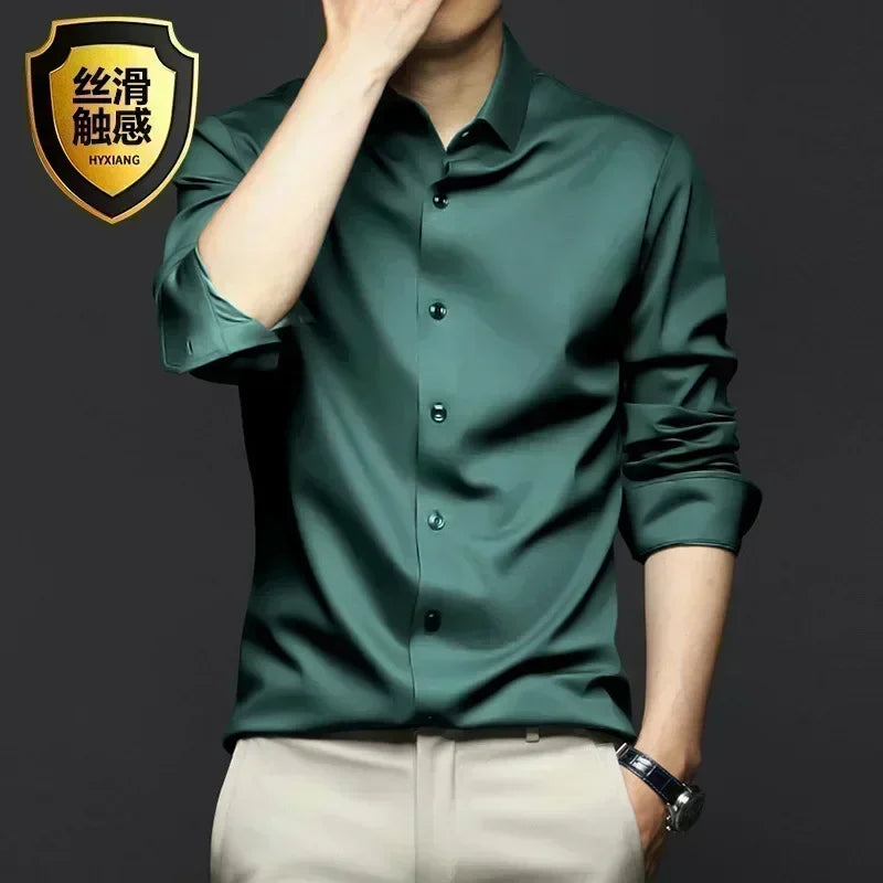 Men’s Luxury White Dress Shirt - Wrinkle-Resistant Ice Silk Glossy Long Sleeve Business Casual Shirt S-6XL