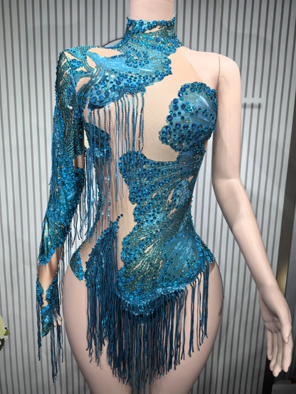 Sparkly Blue Rhinestone Leotard - One-Shoulder Fringe Bodysuit for Dance, Stage & Performance