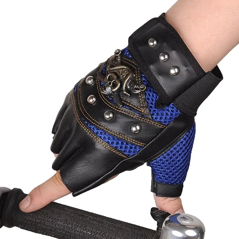 Pirate Captain PU Leather Fingerless Gloves – Skull Rivet Half Finger Mitts for Men & Women, Hip Hop, Gym & Moto Style Gloves
