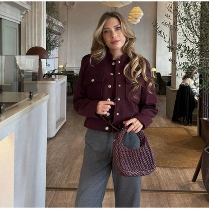 2025 Women's Elegant Long Sleeve Woolen Coat – V-Neck, Single-Breasted Slim Fit Solid Color Office Jacket