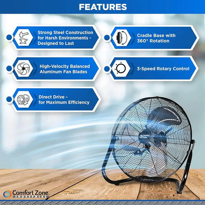 18-Inch Industrial High-Velocity Floor Fan – 3-Speed Adjustable Tilt with Carry Handle for Workshop & Home Use
